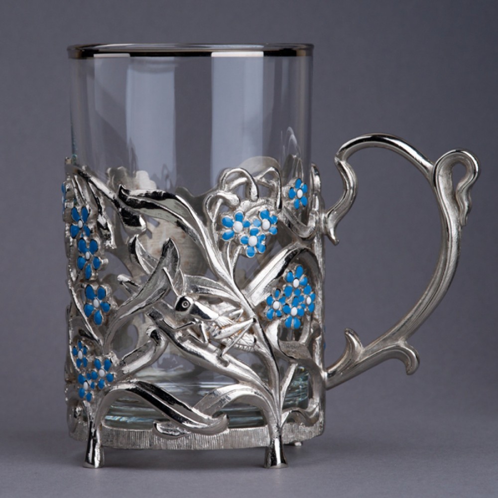 Подстаканник с никелированием и эмалью «Незабудки»