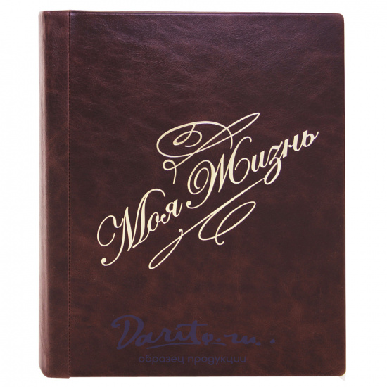 Фотоальбом Моя жизнь в кожаном переплете с золотым теснением в цвете темно-коричневый