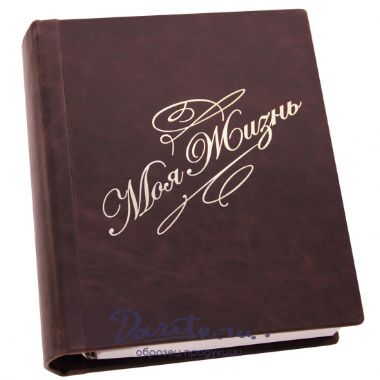 Фотоальбом Моя жизнь в кожаном переплете с золотым теснением в цвете темно-коричневый